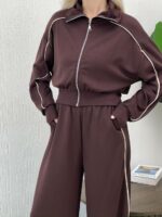 Женский Коричневый Костюм с Кантом - Кофта на Молнии + Широкие Штаны