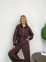 Женский Коричневый Костюм с Кантом - Кофта на Молнии + Широкие Штаны
