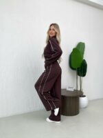 Женский Коричневый Костюм с Кантом - Кофта на Молнии + Широкие Штаны