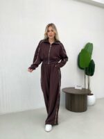 Женский Коричневый Костюм с Кантом - Кофта на Молнии + Широкие Штаны