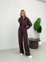 Женский Коричневый Костюм с Кантом - Кофта на Молнии + Широкие Штаны