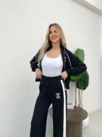 Женский Черный Костюм с Мишкой из Страз - Кофта на Молнии + Штаны Палаццо с Лампасами