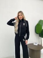 Женский Черный Костюм с Мишкой из Страз - Кофта на Молнии + Штаны Палаццо с Лампасами