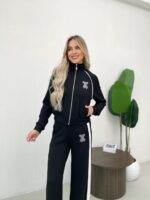 Женский Черный Костюм с Мишкой из Страз - Кофта на Молнии + Штаны Палаццо с Лампасами