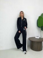Женский Черный Костюм с Мишкой из Страз - Кофта на Молнии + Штаны Палаццо с Лампасами