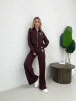 Женский Коричневый Костюм с Мишкой из Страз - Кофта на Молнии + Штаны Палаццо с Лампасами