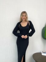 Женское Трикотажное Черное Платье Миди с Разрезом + Короткий Кардиган