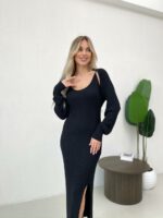 Женское Трикотажное Черное Платье Миди с Разрезом + Короткий Кардиган