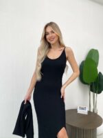 Женское Трикотажное Черное Платье Миди с Разрезом + Короткий Кардиган