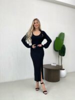 Женское Трикотажное Черное Платье Миди с Разрезом + Короткий Кардиган