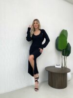 Женское Трикотажное Черное Платье Миди с Разрезом + Короткий Кардиган