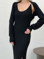 Женское Трикотажное Черное Платье Миди с Разрезом + Короткий Кардиган