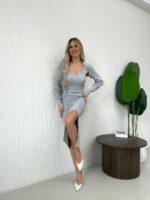 Женское Трикотажное Серое Платье Миди с Разрезом + Короткий Кардиган