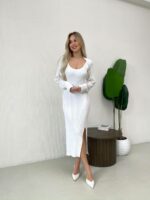 Женское Трикотажное Белое Платье Миди с Разрезом + Короткий Кардиган