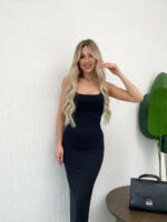 Женское Облегающее Черное Платье Миди на Широких Бретелях
