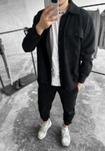 Мужской Вельветовый Черный Костюм (Рубашка + Джоггеры)