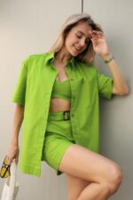 Женский Салатовый Летний Костюм Тройка Лен - Рубашка + Топ + Шорты