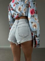 Женские Светло-Голубые Джинсовые Шорты - Короткие Рваные
