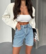 Женские Базовые Голубые Джинсовые Шорты с Подворотами