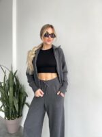Женский Графитовый Трикотажный Костюм - Кофта на Молнии + Штаны Палаццо