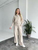 Женский Бежевый Трикотажный Костюм - Кофта на Молнии + Штаны Палаццо