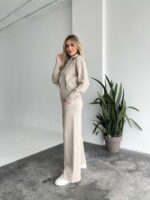 Женский Бежевый Трикотажный Костюм - Кофта на Молнии + Штаны Палаццо