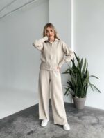 Женский Бежевый Трикотажный Костюм - Кофта на Молнии + Штаны Палаццо