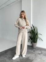 Женский Бежевый Трикотажный Костюм - Кофта на Молнии + Штаны Палаццо