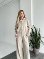 Женский Бежевый Трикотажный Костюм - Кофта на Молнии + Штаны Палаццо