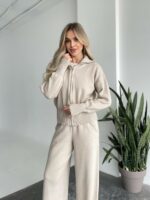 Женский Бежевый Трикотажный Костюм - Кофта на Молнии + Штаны Палаццо