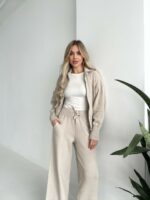 Женский Бежевый Трикотажный Костюм - Кофта на Молнии + Штаны Палаццо