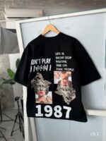 Мужская Черная Футболка Кулир Оверсайз с Принтами на Спине