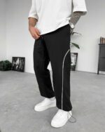 Мужские Черные Широкие Спортивные Штаны с Кантом и Затяжками Внизу