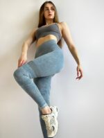 Женские Серо-Голубые Лосины Варенки Push Up с Перфорацией