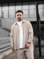 Мужской Свободный Легкий Бежевый Костюм Креп Жатка (Рубашка + Штаны)