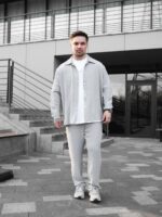 Мужской Свободный Легкий Серый Костюм Креп Жатка (Рубашка + Штаны)