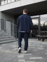 Мужской Свободный Легкий Темно-Синий Костюм Креп Жатка (Рубашка + Штаны)