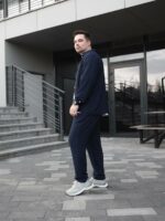 Мужской Свободный Легкий Темно-Синий Костюм Креп Жатка (Рубашка + Штаны)
