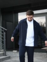 Мужской Свободный Легкий Темно-Синий Костюм Креп Жатка (Рубашка + Штаны)