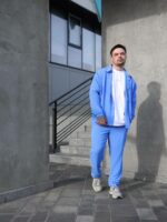 Мужской Свободный Легкий Голубой Костюм Креп Жатка (Рубашка + Штаны)