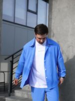 Мужской Свободный Легкий Голубой Костюм Креп Жатка (Рубашка + Штаны)