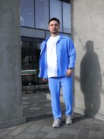 Мужской Свободный Легкий Голубой Костюм Креп Жатка (Рубашка + Штаны)