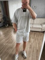 Мужской Базовый Летний Костюм Серый Меланж - Футболка Оверсайз + Шорты со Стрелками