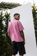 Мужская Хлопковая Розовая Футболка Варенка Оверсайз с Принтом Скелет