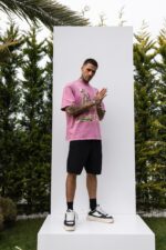 Мужская Хлопковая Розовая Футболка Варенка Оверсайз с Принтом Скелет