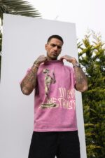 Мужская Хлопковая Розовая Футболка Варенка Оверсайз с Принтом Скелет