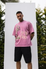 Мужская Хлопковая Розовая Футболка Варенка Оверсайз с Принтом Скелет