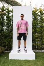 Мужская Хлопковая Розовая Футболка Варенка Оверсайз с Принтом Скелет