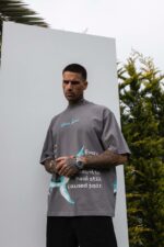 Мужская Хлопковая Серая Футболка Оверсайз с Принтом Акула