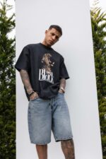 Мужская Хлопковая Черная Футболка Свободного Кроя с Принтом Гепард